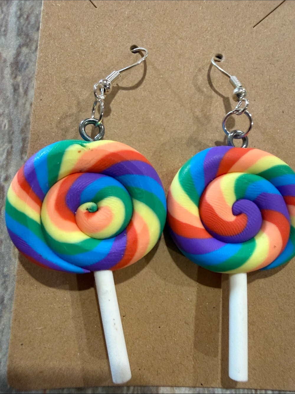 Rainbow Swirl Lollipop Dangle Earrings - Picture 2 of 3